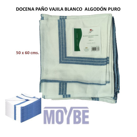 DOCENA PAÑO VAJILLA ALGODON PURO BLANCO 60x50 cms.