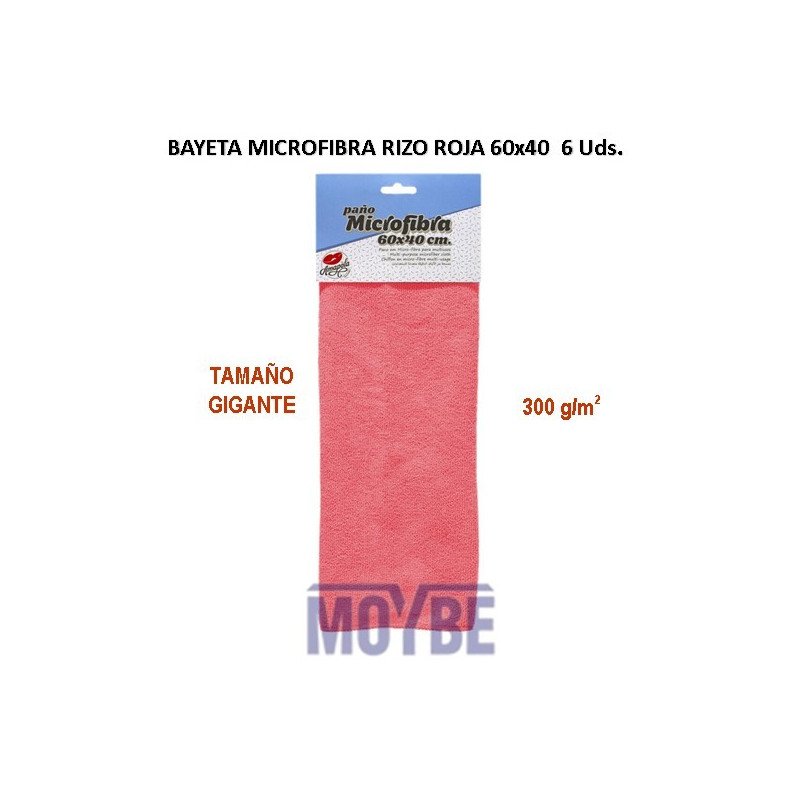 BAYETA MICROFIBRA RIZO ROJA 60X40 300 g/m2. 6 Uds